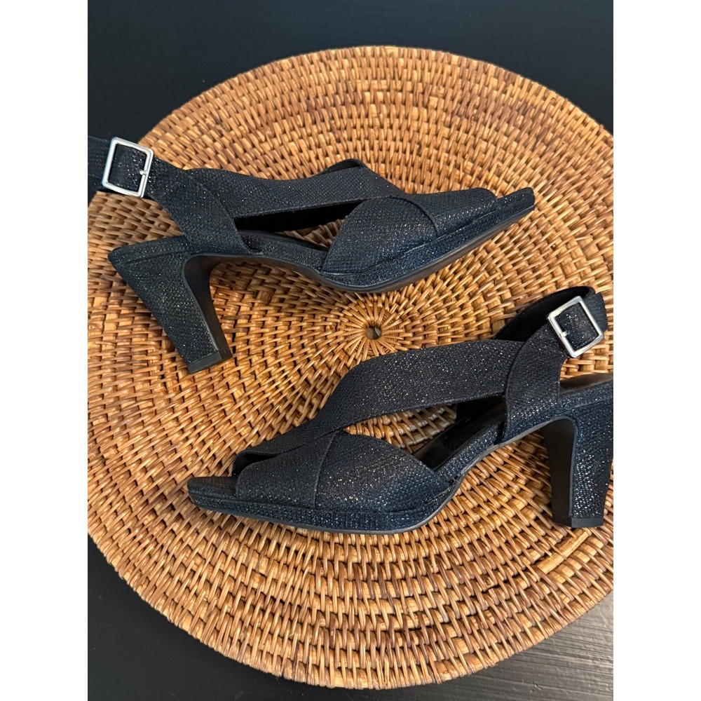 Easy Street Alive 5 Black Glitter Slingback Sandals Block Heel 8M 31-8626